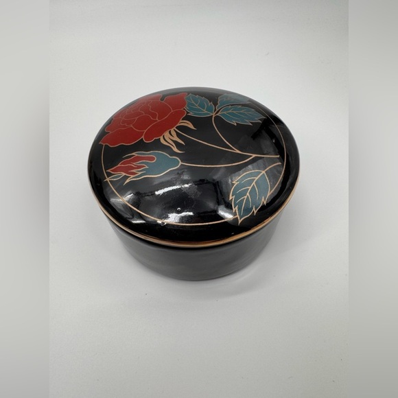 Other - Vintage Porcelain Black Round Shaped Trinket Dish Red Rose 3.5”